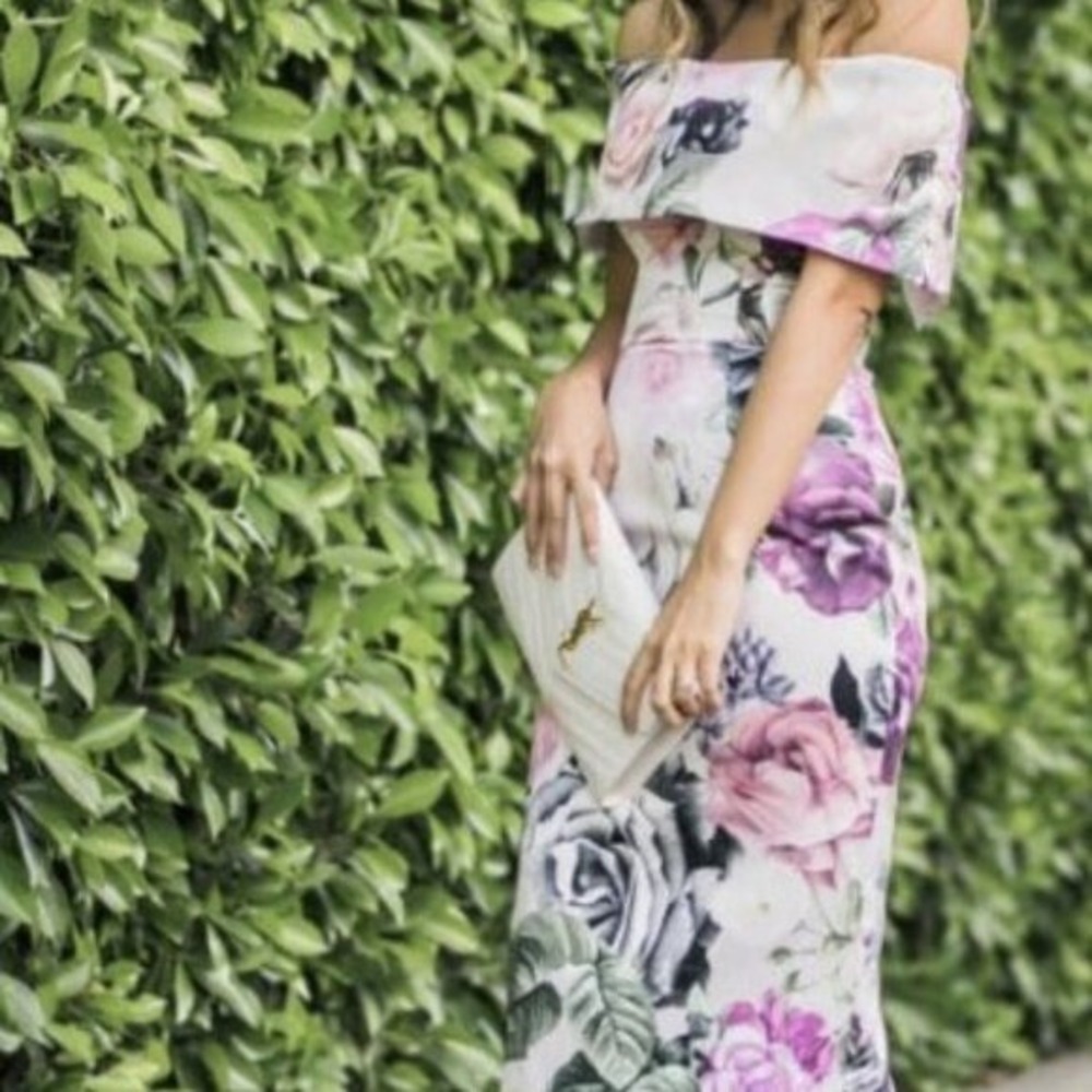 ASOS Floral Off The Shoulder Midi Dress Pink Purple‎ White Sheath Wedding Guest